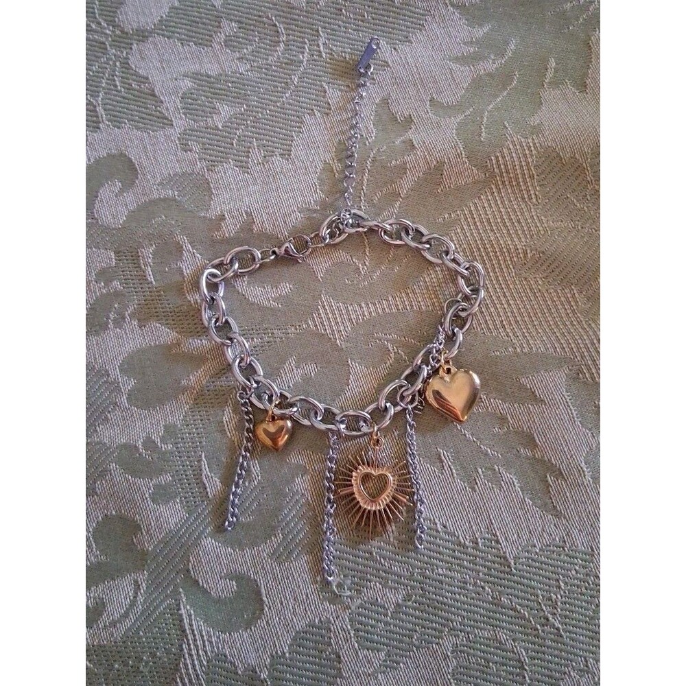 Heart Charm Bracelet Sun Adjustable 6.5 To 8" Silver Gold Tone